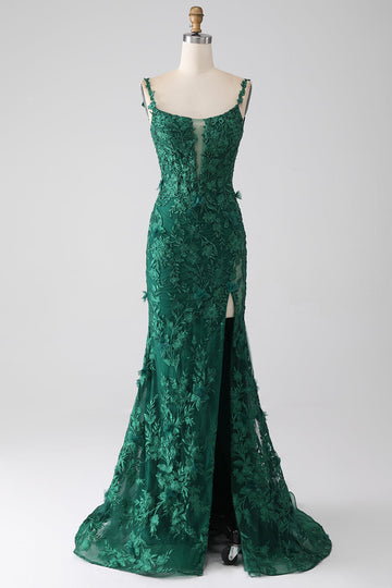 Dark Green Mermaid Spaghetti Straps Long Ball Dress with Appliques